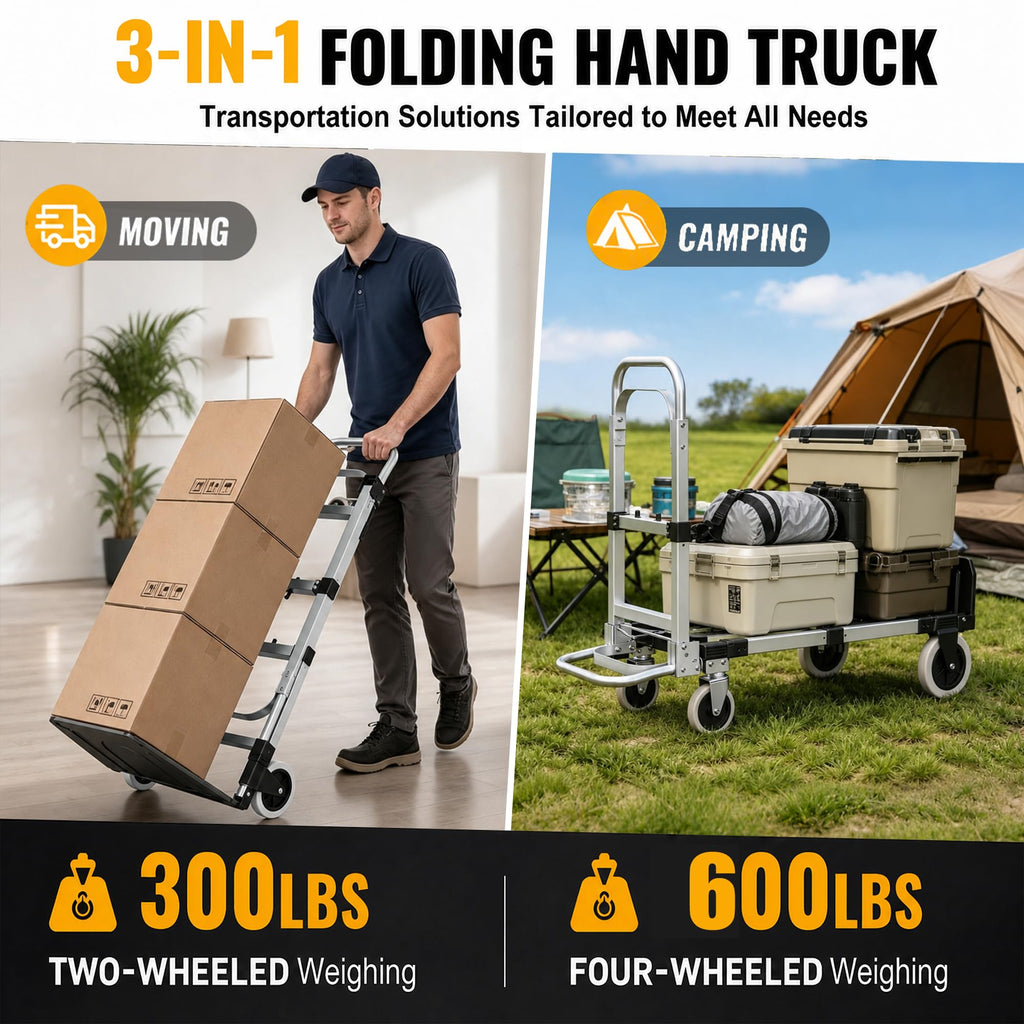Folding Hand Truck 600lbs Capacity Heavy Duty Convertible Dolly with Retractable Handle and 4 Rubber Wheels V664715