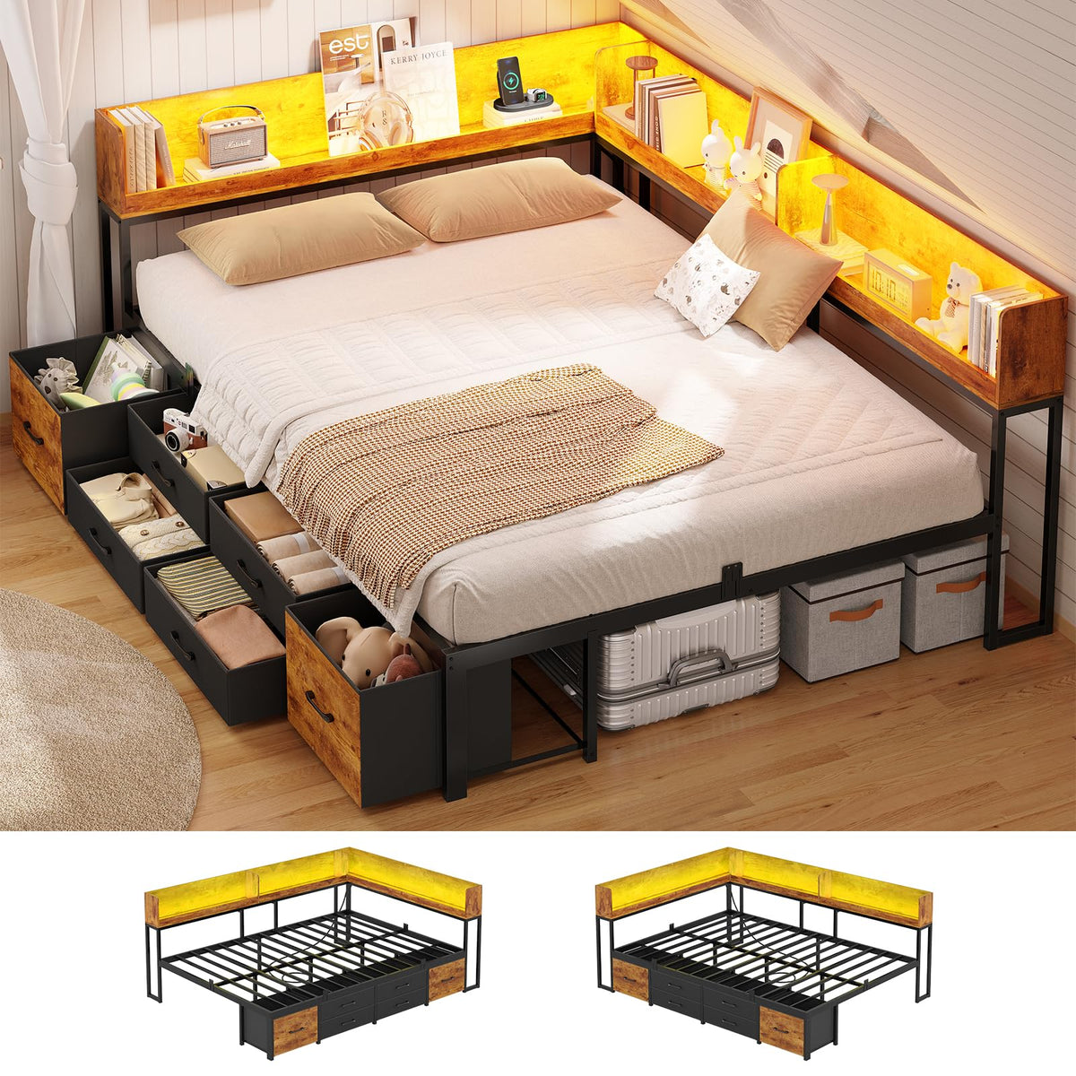 14 Inch Corner Bed Frame with Bookcase Storage, Full Daybed with 6 Drawers, Charging Station and LED Light, Black & Vintage Brown Q744399