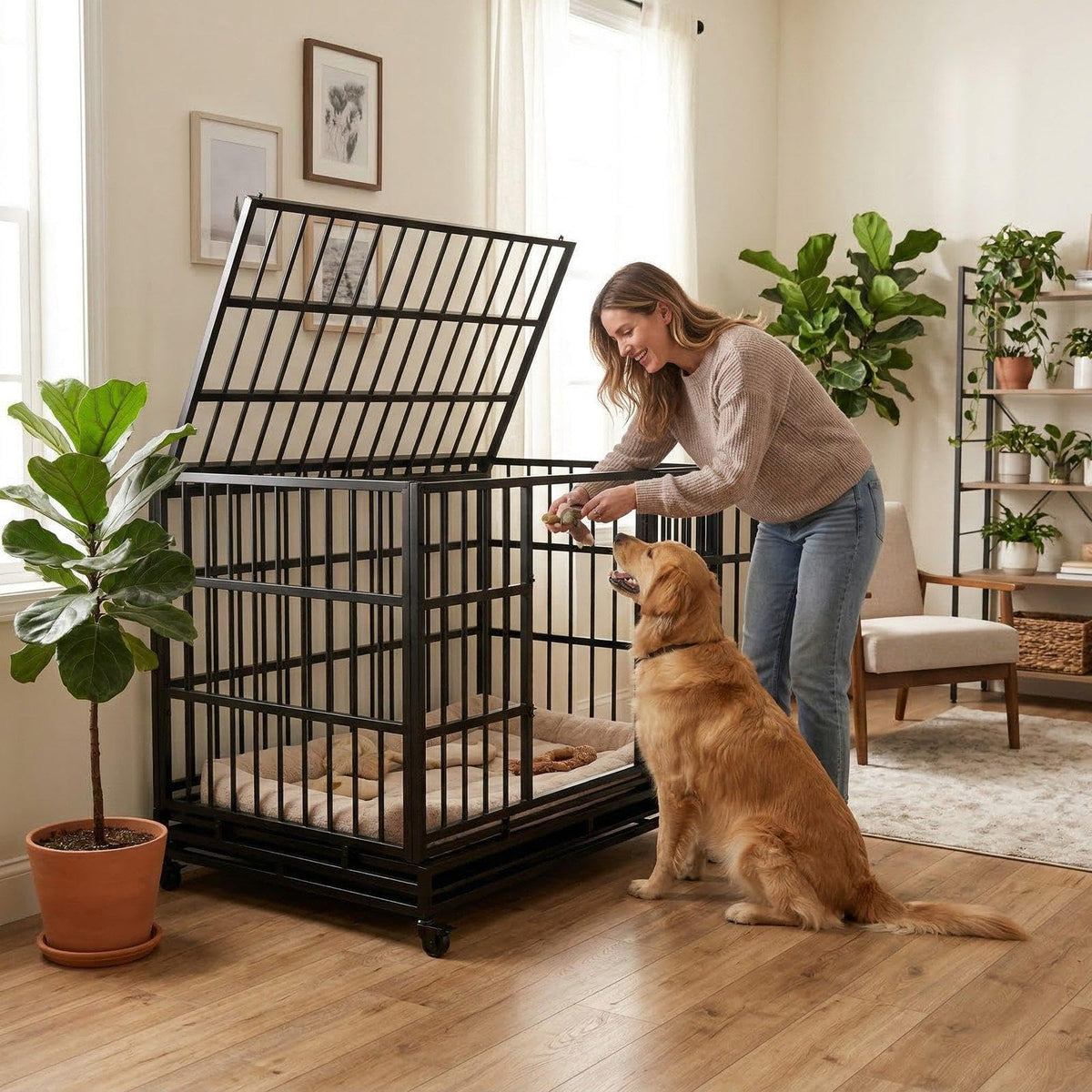 48 Inch Heavy Duty Metal Folding Dog Crate with Wheels and Double Doors E6525