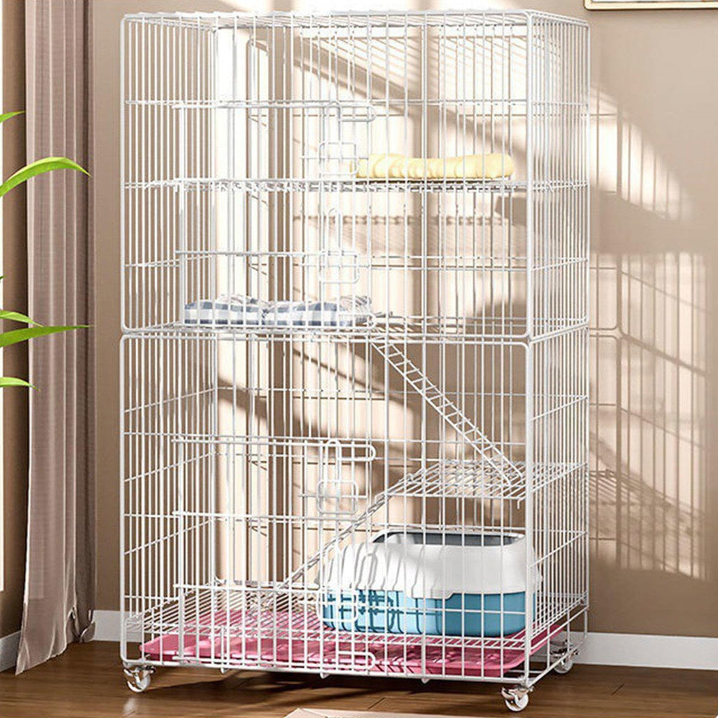 4-Tier Collapsible Metal Wire Cat Cage with Wheels White V9938