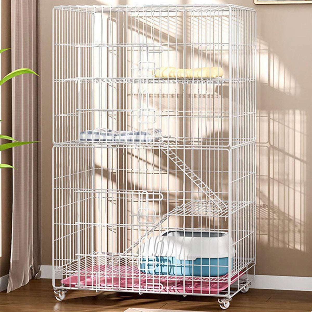 4-Tier Collapsible Metal Wire Cat Cage with Wheels White V9938