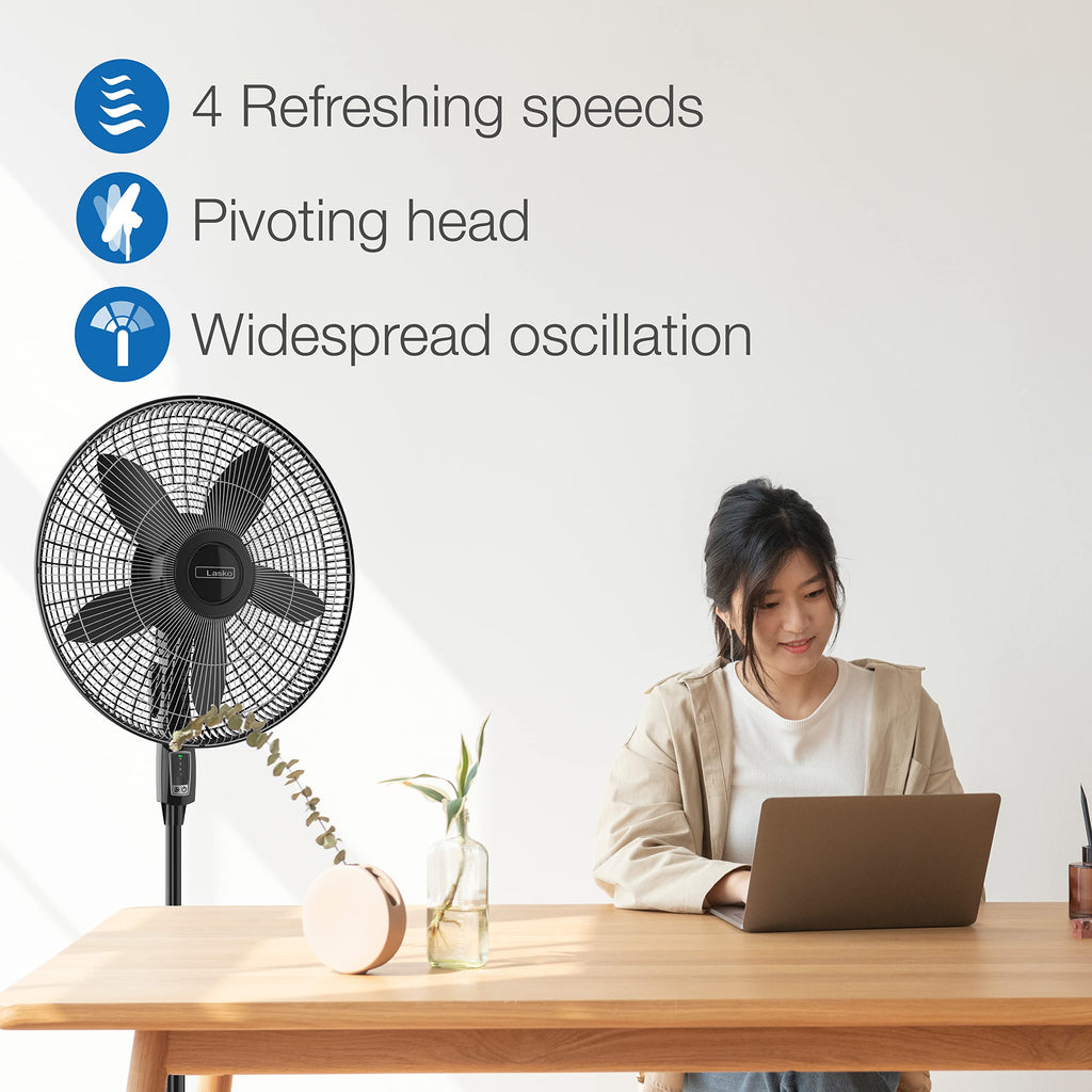 Oscillating Pedestal Fan, Adjustable Height, Remote Control, 4 Speeds, 18", Black R3682