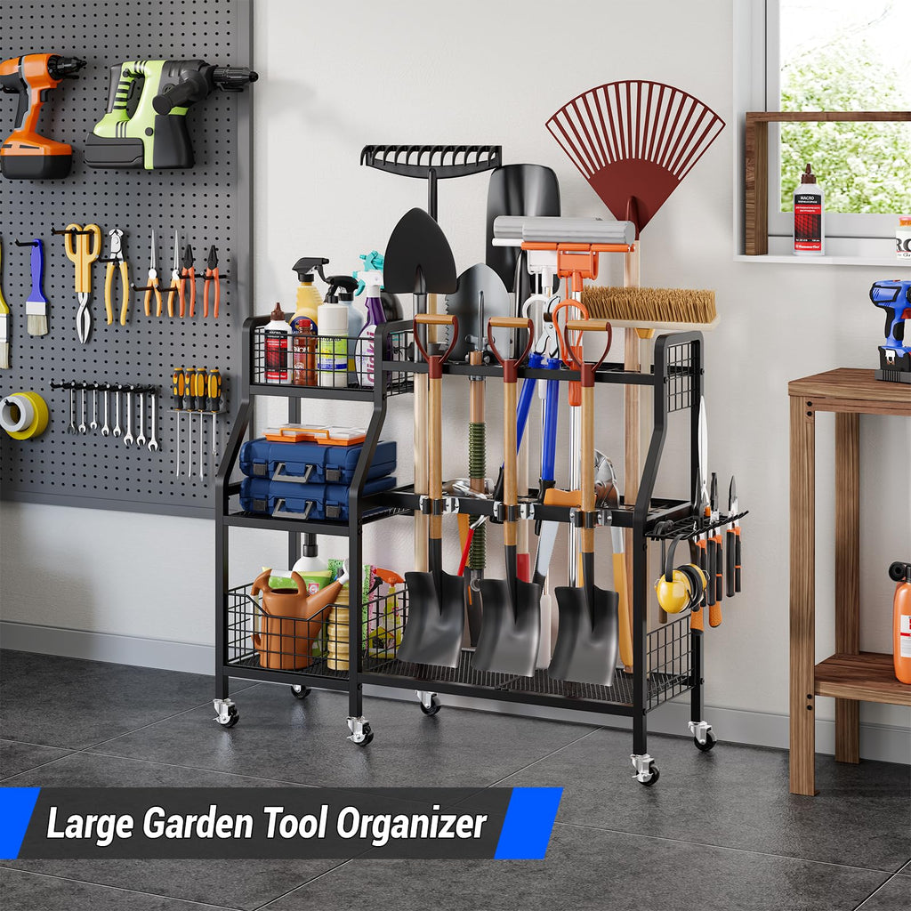 Heavy-Duty Garden Tool Organizer with 6 Wheels and 2 Baskets J1417