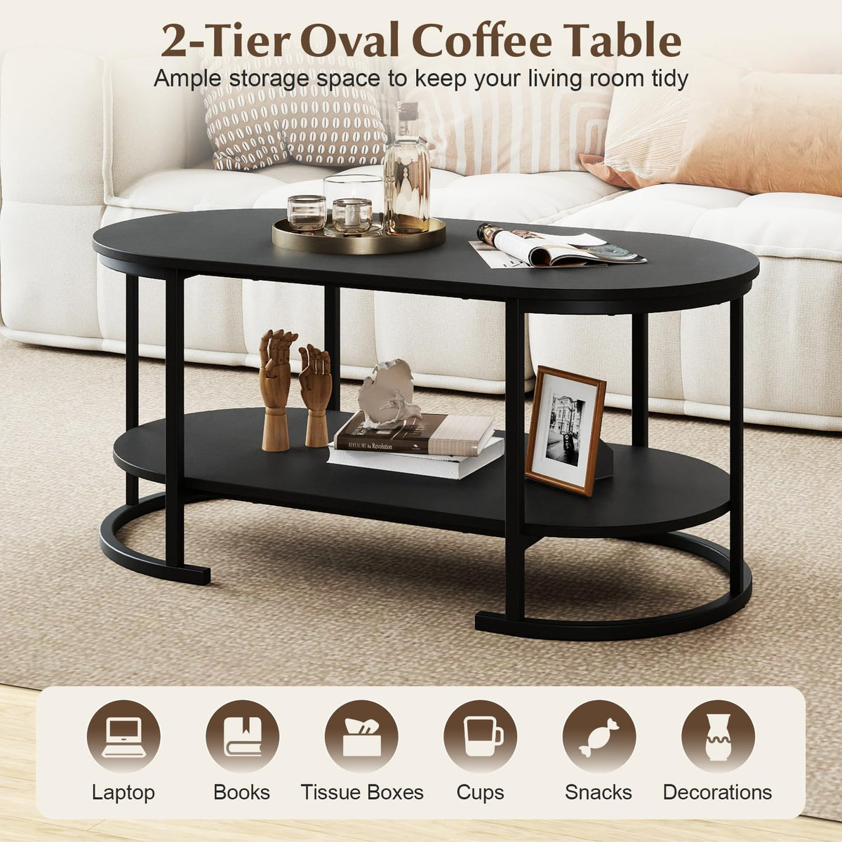 Black 2-Tier Oval Wood Coffee Table with Storage D861