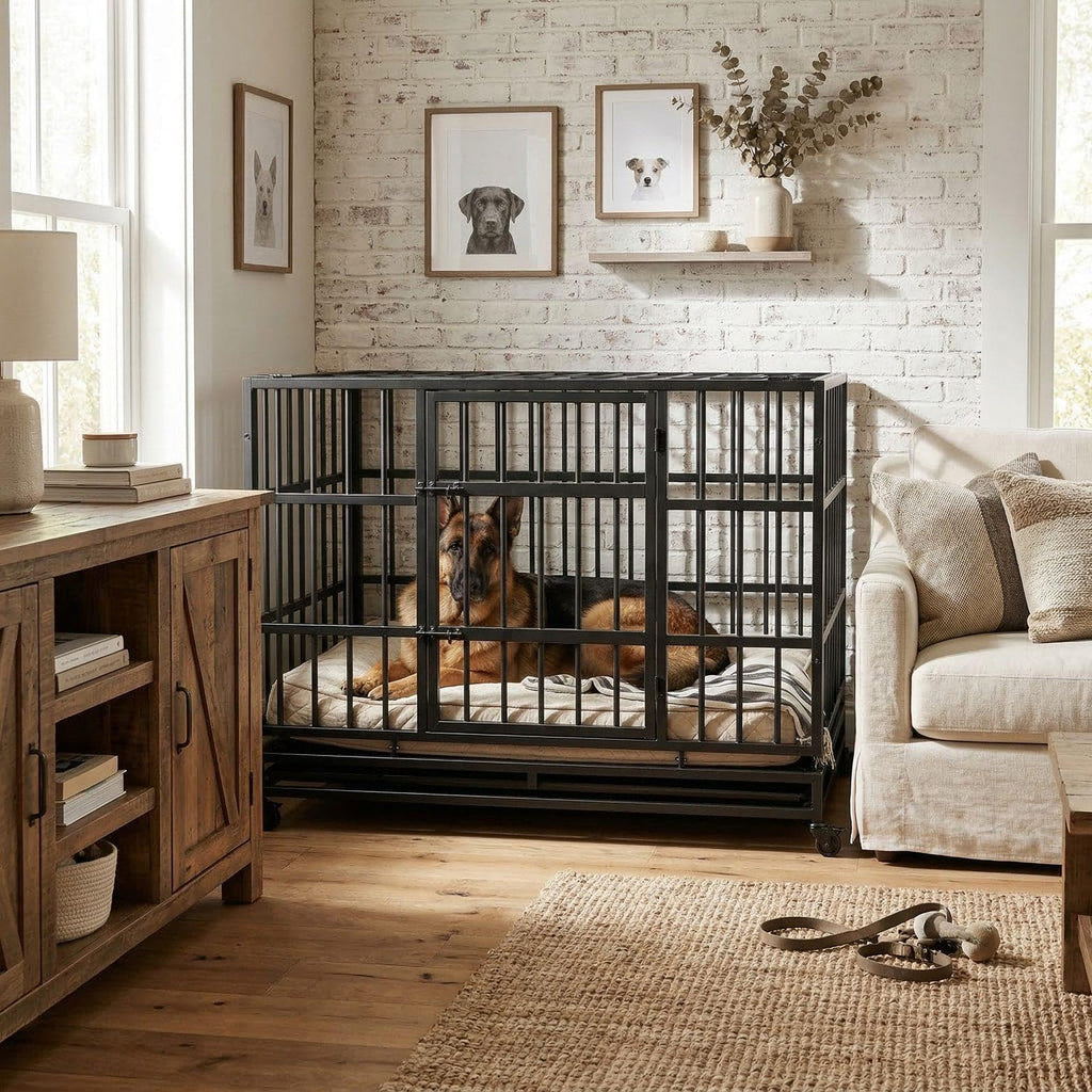 48 Inch Heavy Duty Metal Folding Dog Crate with Wheels and Double Doors E6525