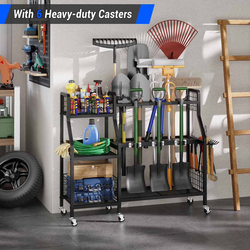 Heavy-Duty Garden Tool Organizer with 6 Wheels and 2 Baskets J1417