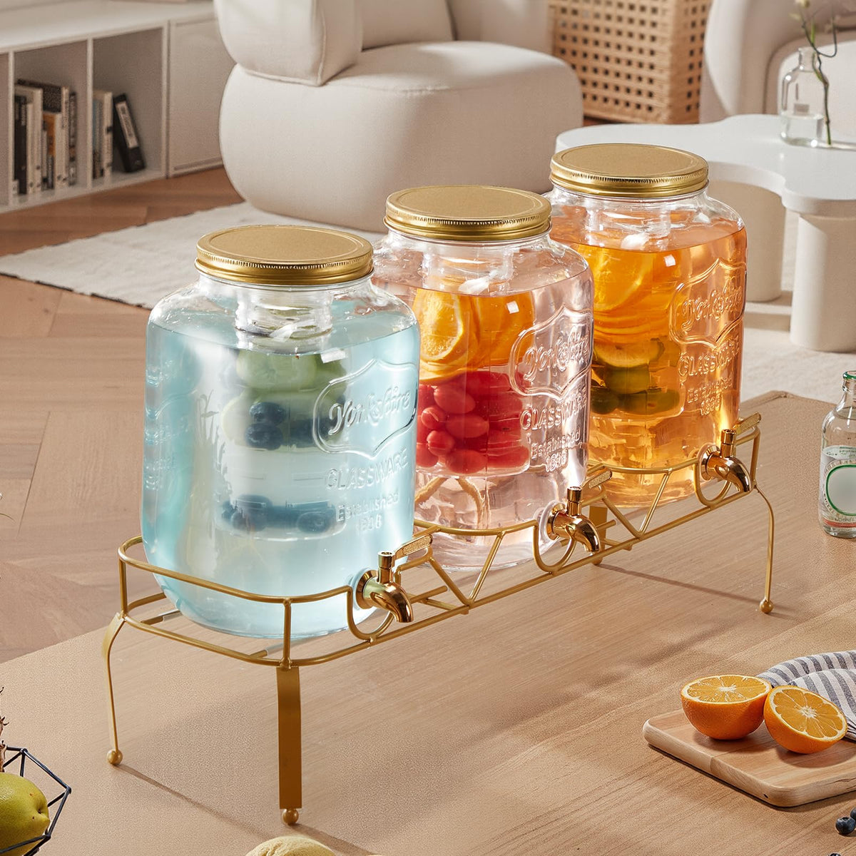 3 Pack 2 Gallon Glass Beverage Dispenser with Metal Stand S10028