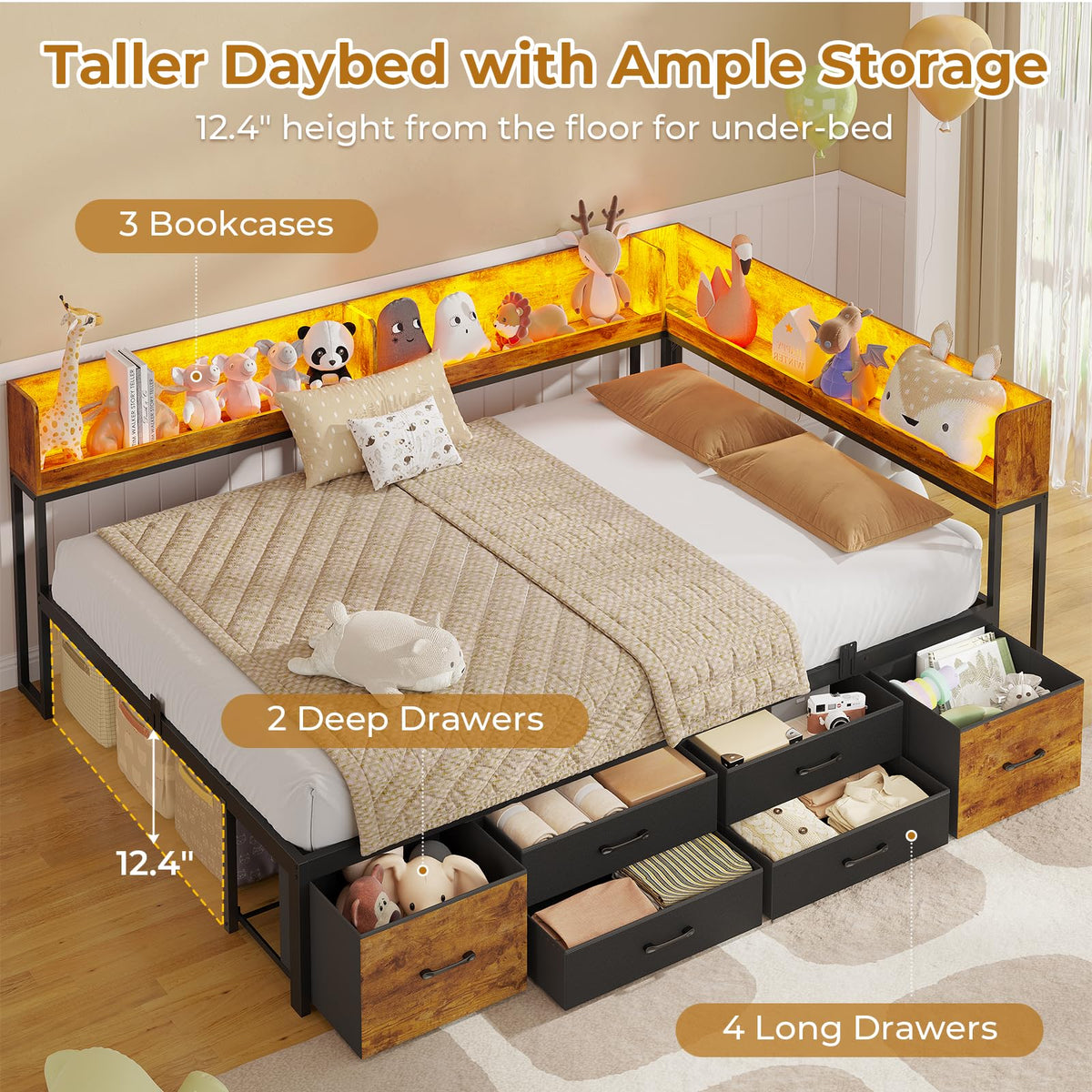 14 Inch Corner Bed Frame with Bookcase Storage, Full Daybed with 6 Drawers, Charging Station and LED Light, Black & Vintage Brown Q744399