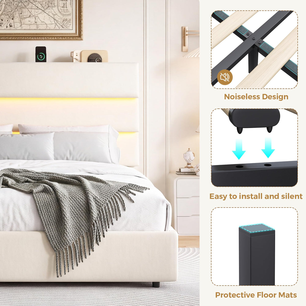 Beige Queen Size Bed Frame with 2 Storage Drawers Y343070