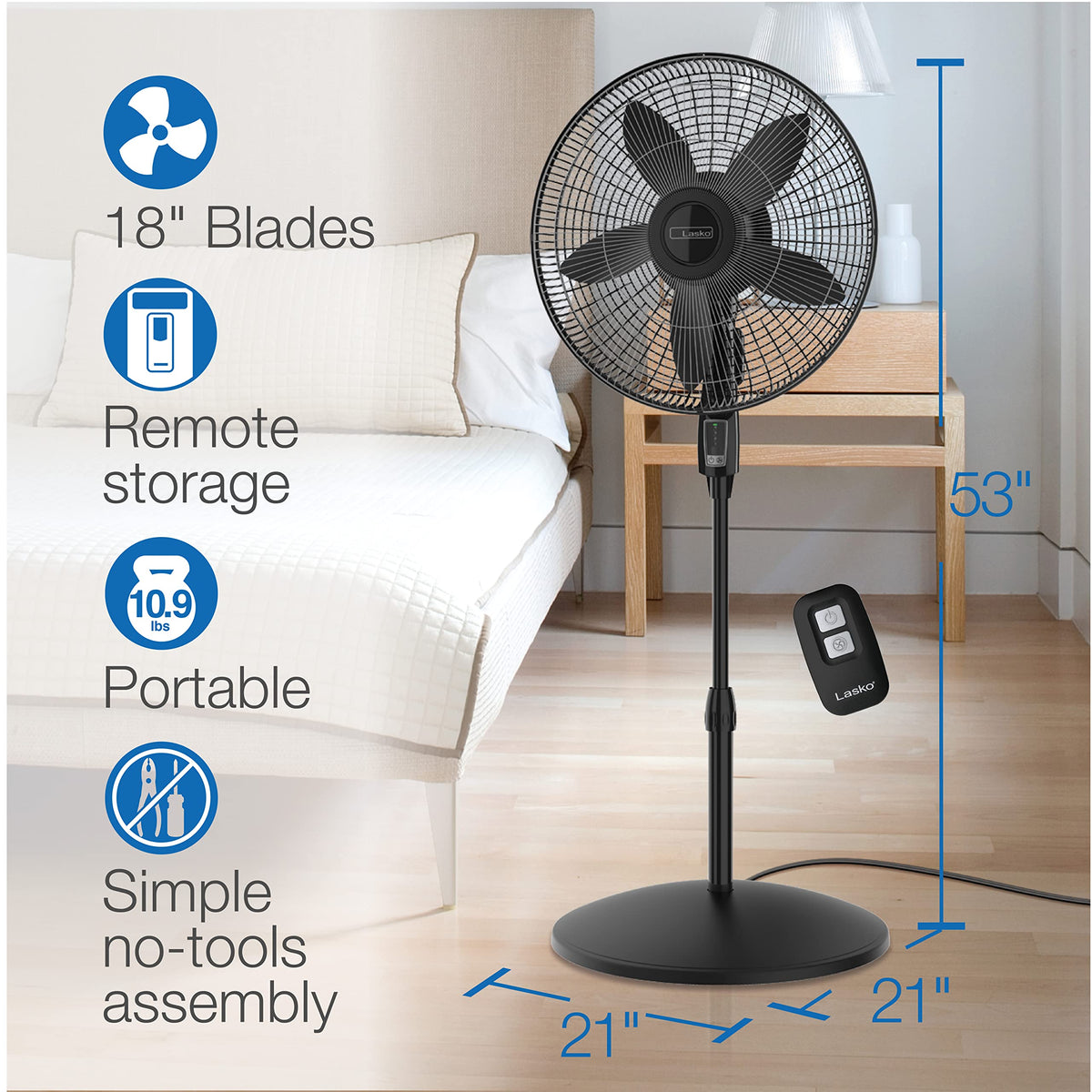 Oscillating Pedestal Fan, Adjustable Height, Remote Control, 4 Speeds, 18", Black R3682