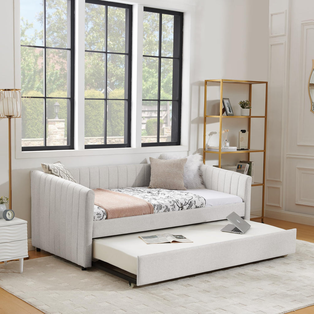 Twin Size Upholstery Daybed with Trundle and Vertical Stripes G64987