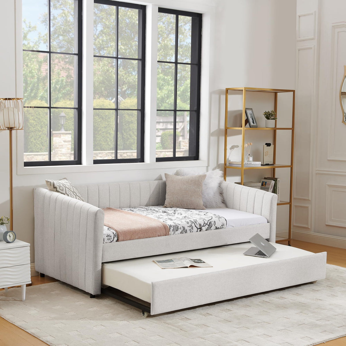 Twin Size Upholstery Daybed with Trundle and Vertical Stripes G64987