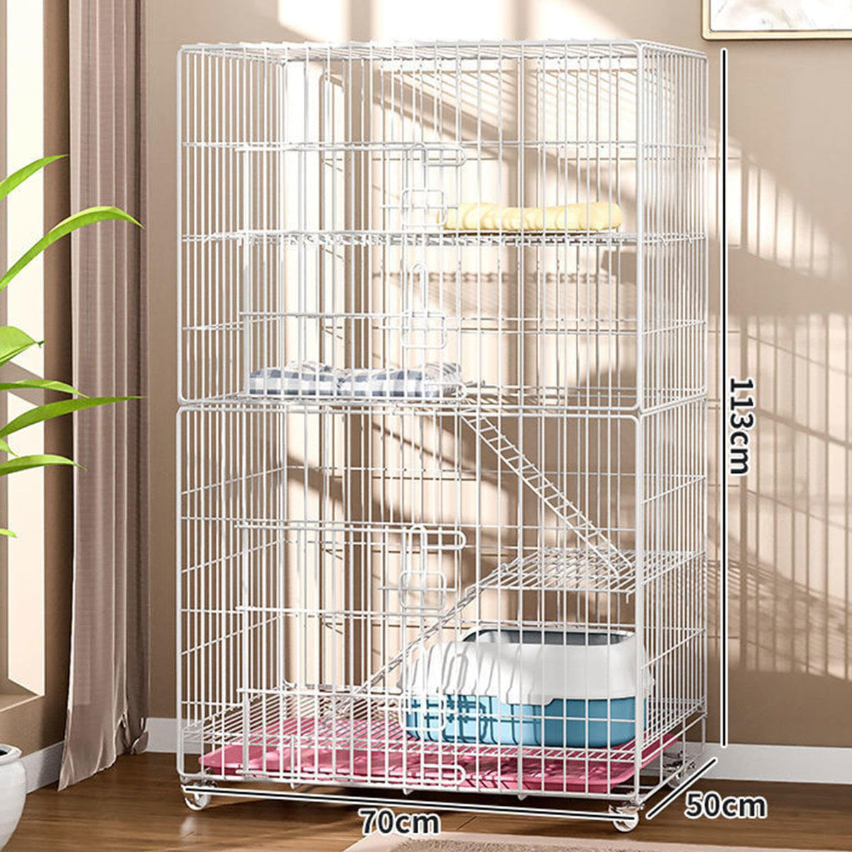4-Tier Collapsible Metal Wire Cat Cage with Wheels White V9938