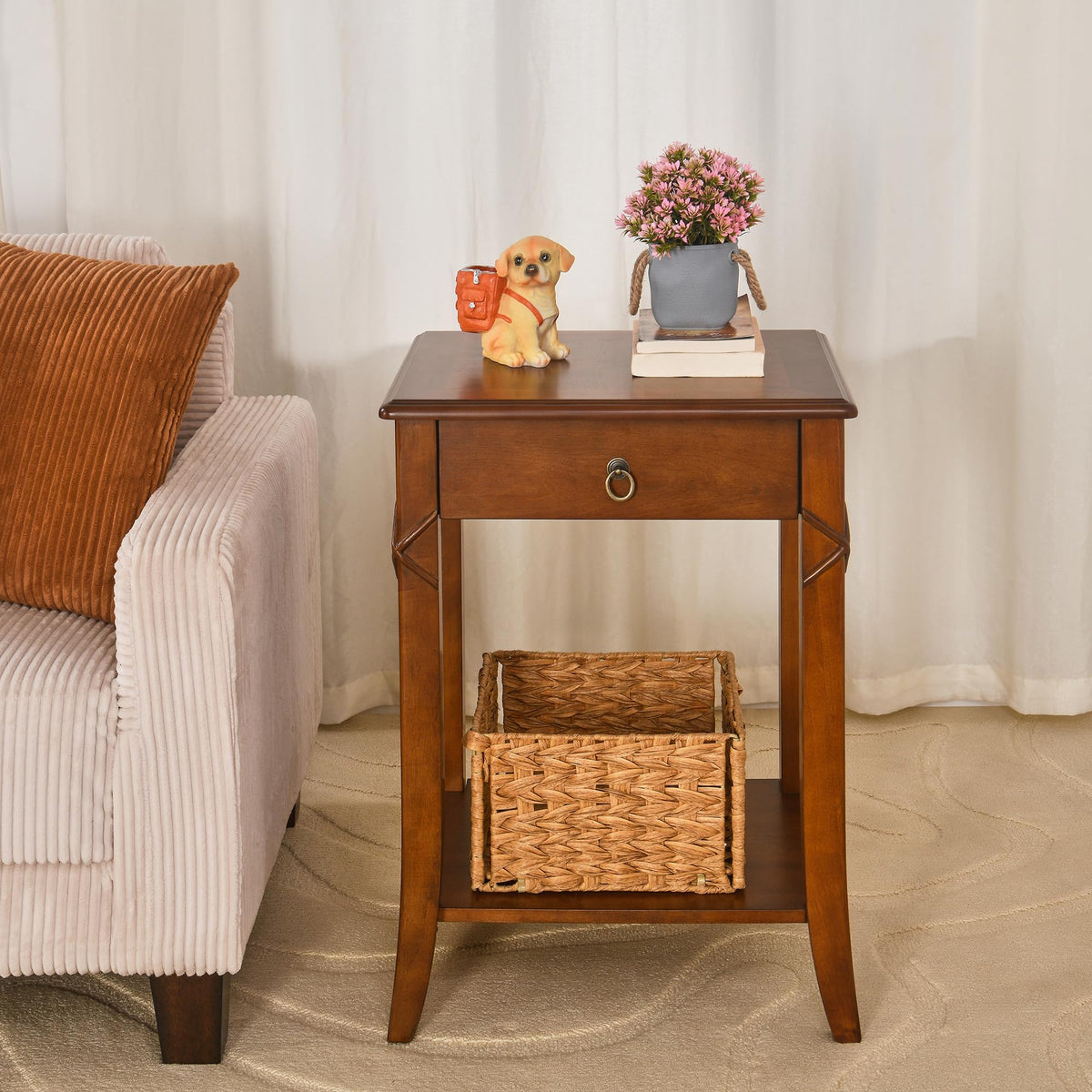 Small Solid Wood Side End Table with Drawer and Storage Shelf A163503