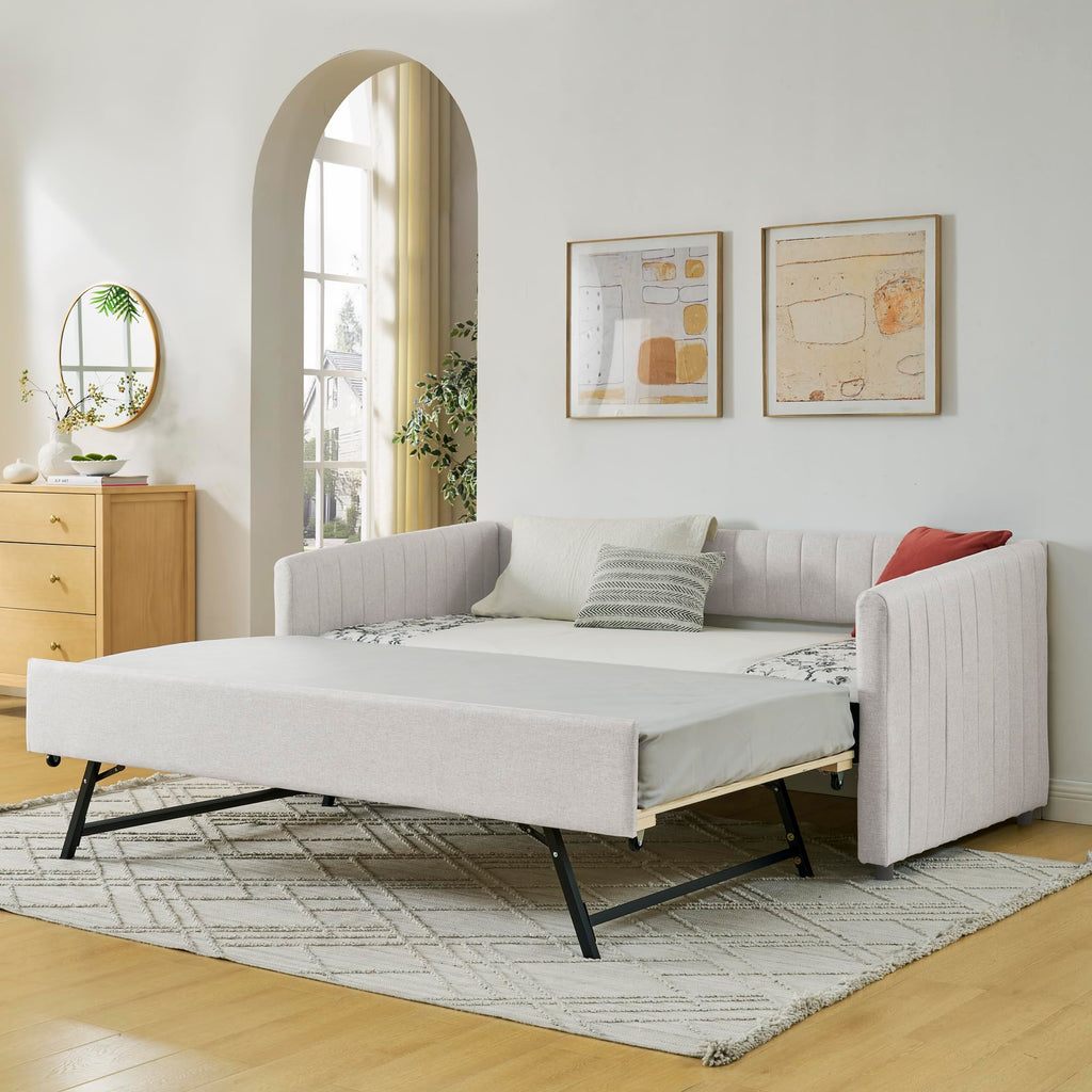 Twin Size Upholstery Daybed with Trundle and Vertical Stripes G64987