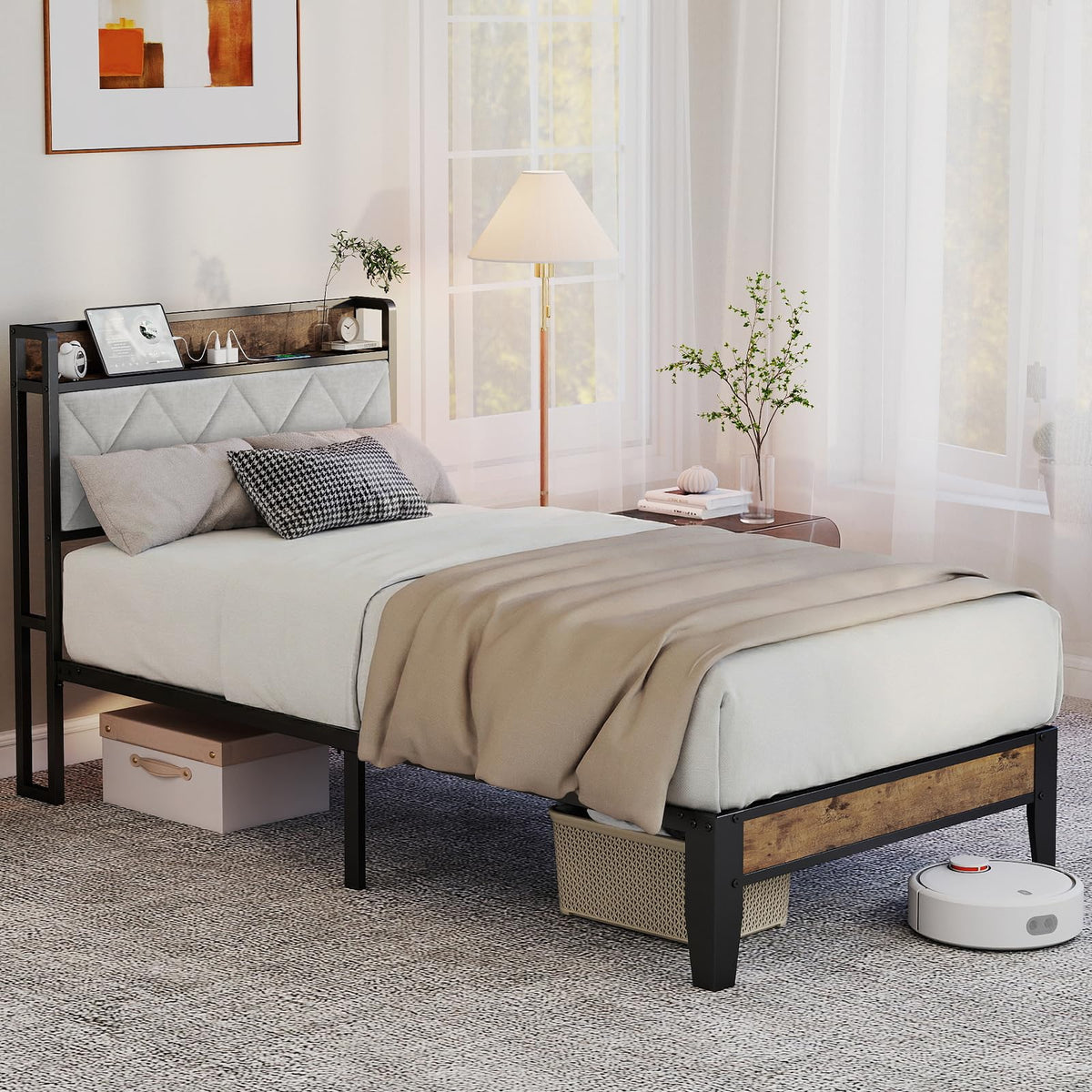 Twin Platform Bed Frame with USB Charging Ports F6506
