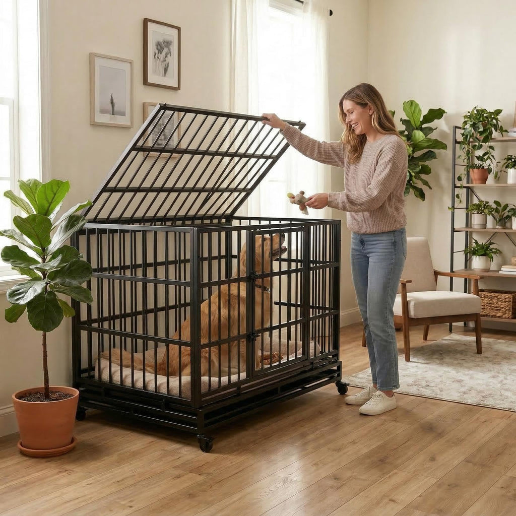 48 Inch Heavy Duty Metal Folding Dog Crate with Wheels and Double Doors E6525