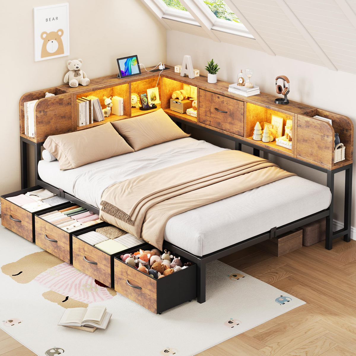 Twin Size Metal Platform Bed Frame with Storage Drawers and Bookcase Headboard B2252