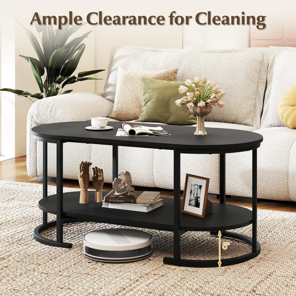 Black 2-Tier Oval Wood Coffee Table with Storage D861