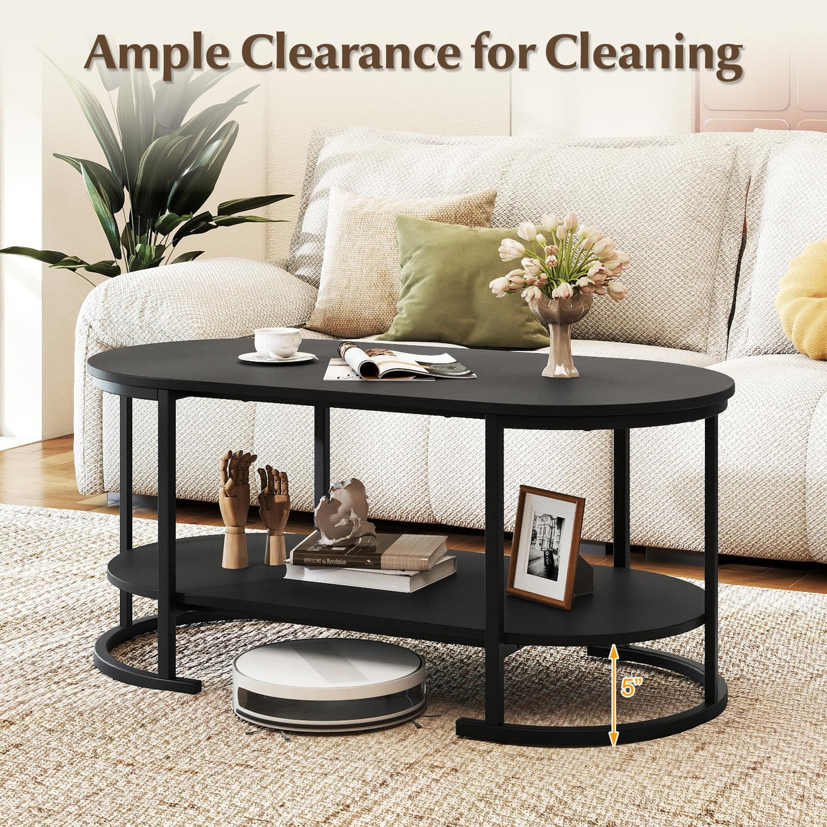 Black 2-Tier Oval Wood Coffee Table with Storage D861