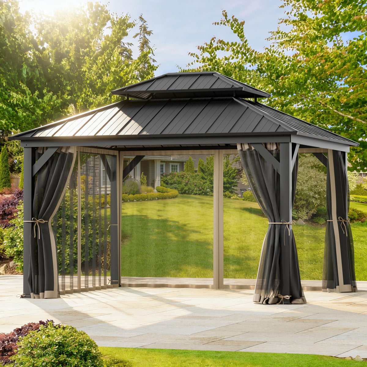 11' x 13' Gazebo Mosquito Netting Replacement 4-Panel Sidewalls with Double Zipper K413