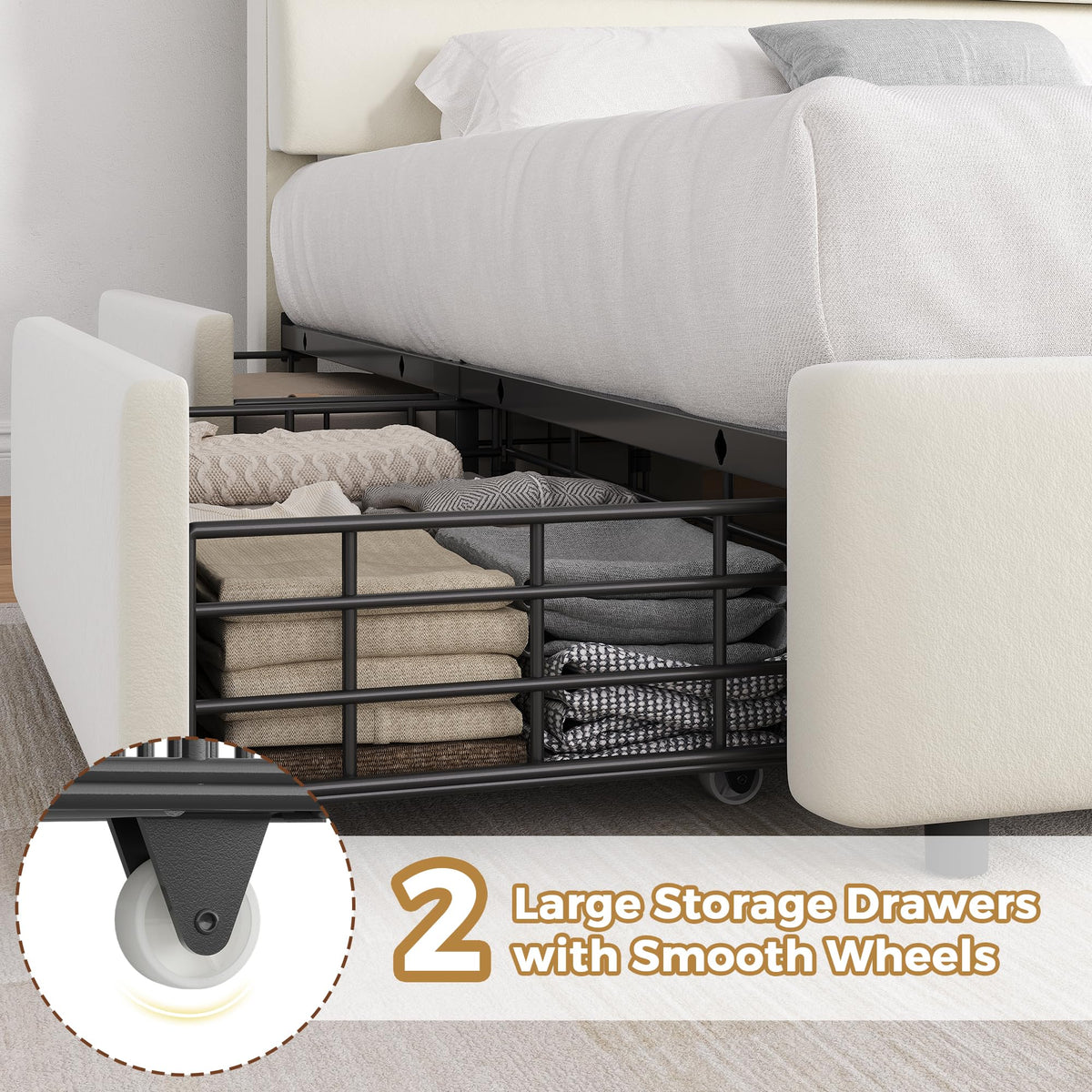 Beige Queen Size Bed Frame with 2 Storage Drawers Y343070