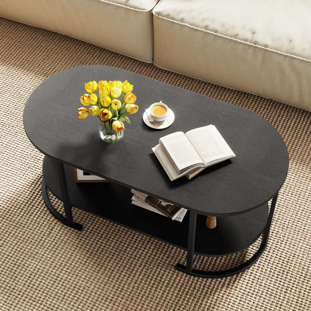 Black 2-Tier Oval Wood Coffee Table with Storage D861
