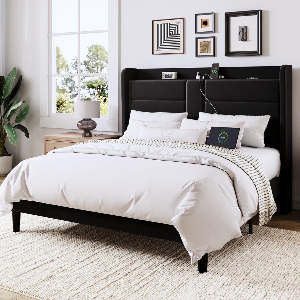 Queen Size Black Velvet Upholstered Platform Bed Frame with Storage Headboard K3899