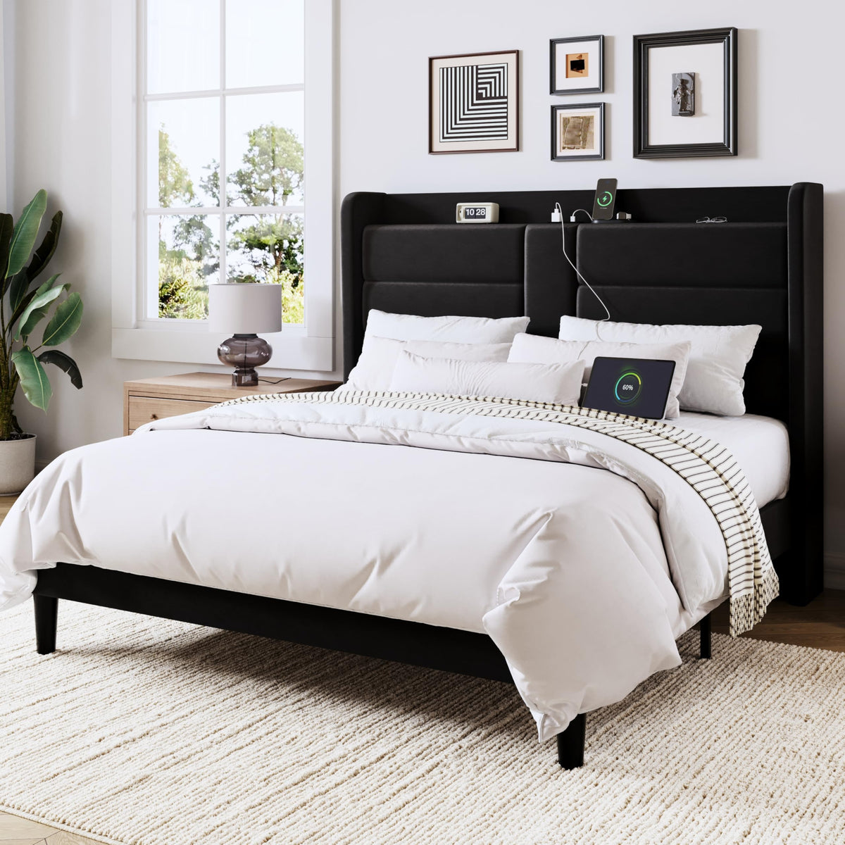Queen Size Black Velvet Upholstered Platform Bed Frame with Storage Headboard K3899